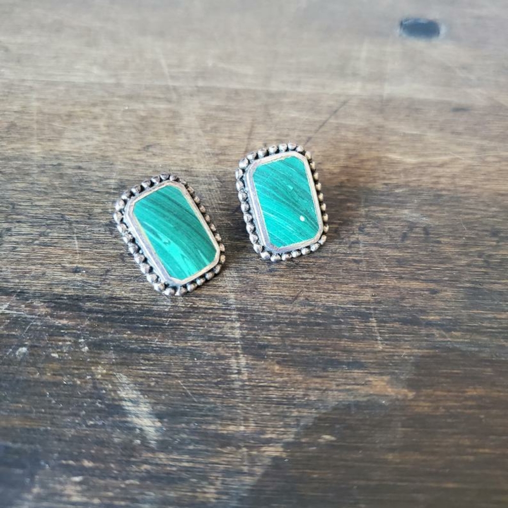 Vintage sterling malachite large stud earrings